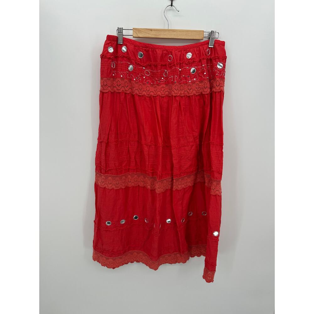 Mirasol Womens Red Tiered Lace Maxi Skirt Boho Mirror Embroidery Size L JBSK0013